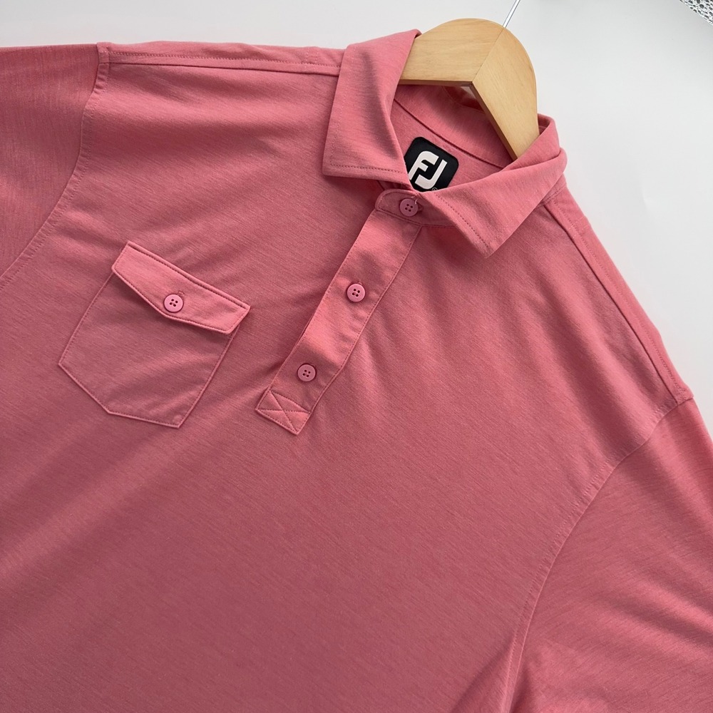 FootJoy Polo Shirt Mens Medium Pink Short Sleeve Button Pocket Logo Stretch